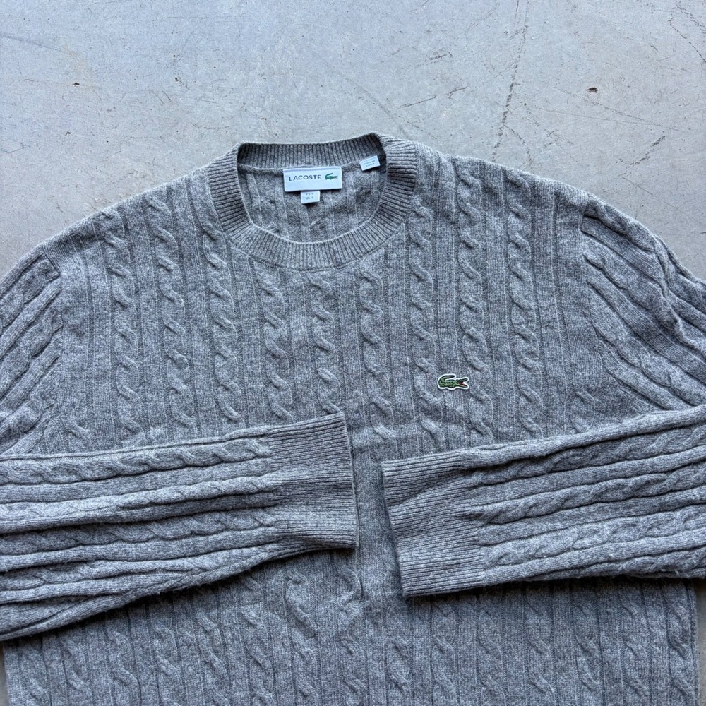 Lacoste Mens Extra Fine Merino Wool Cable Knit Sweater Gray Size L AH1989
